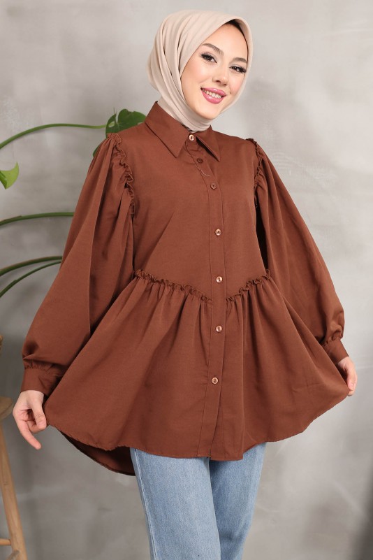 Kahverengi Fırfır Detaylı Terikoton Gömlek