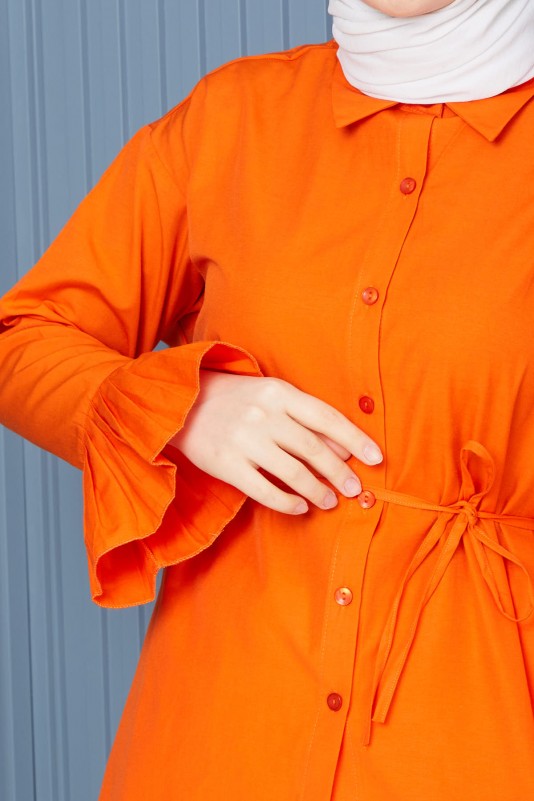 Orange Kol Piliseli Kuşaklı Salaş Terikoton Gömlek