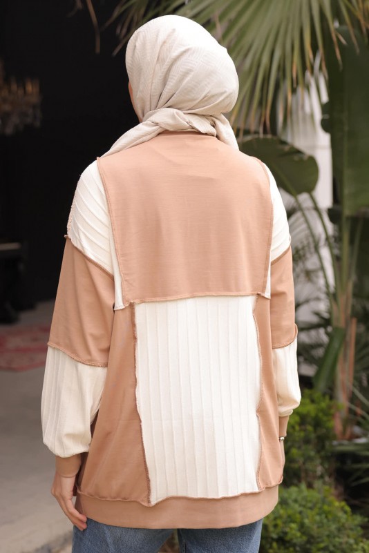 Camel Triko Detaylı Sweatshirt