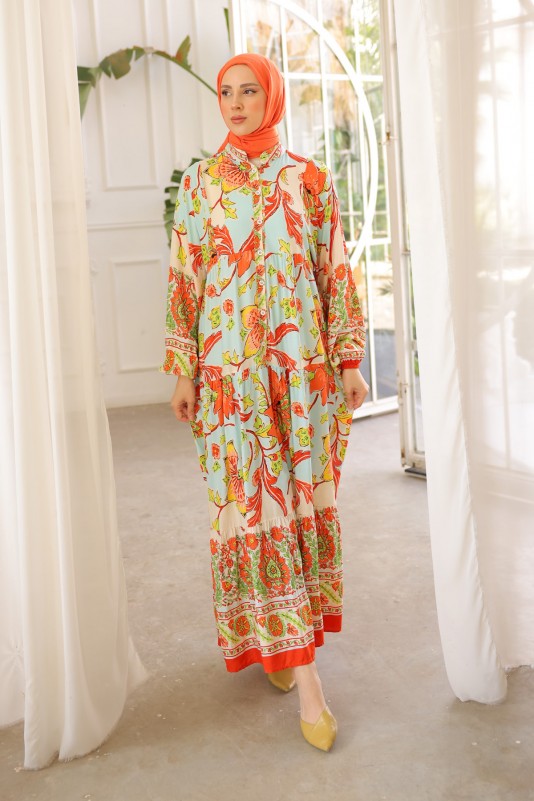 Orange Hakim Yaka Düğmeli Kol Lastikli Desenli Elbise