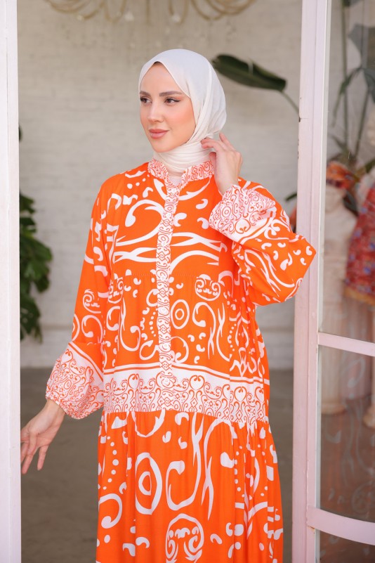 Orange Hakim Yaka Kol Lastikli Desenli Elbise