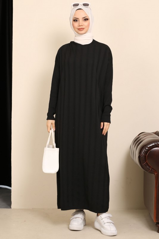 Siyah Soğuk İplik Merserize Triko Elbise
