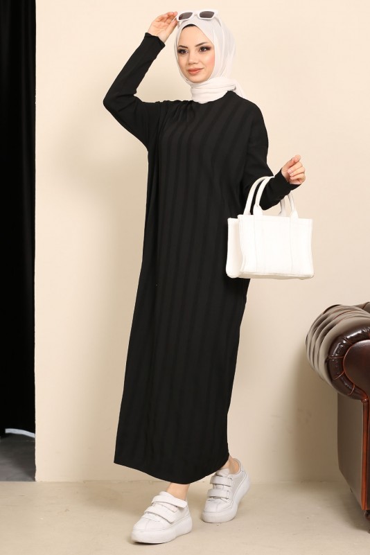 Siyah Soğuk İplik Merserize Triko Elbise