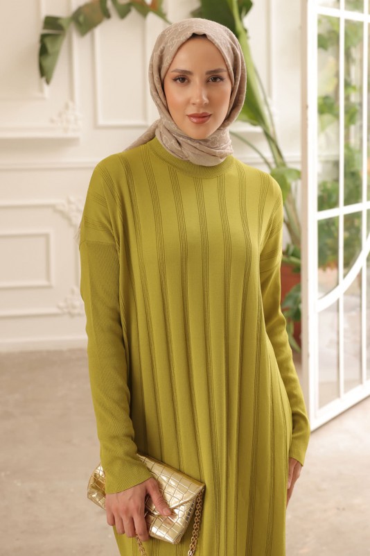 Yağ Yeşili Soğuk İplik Merserize Elbise