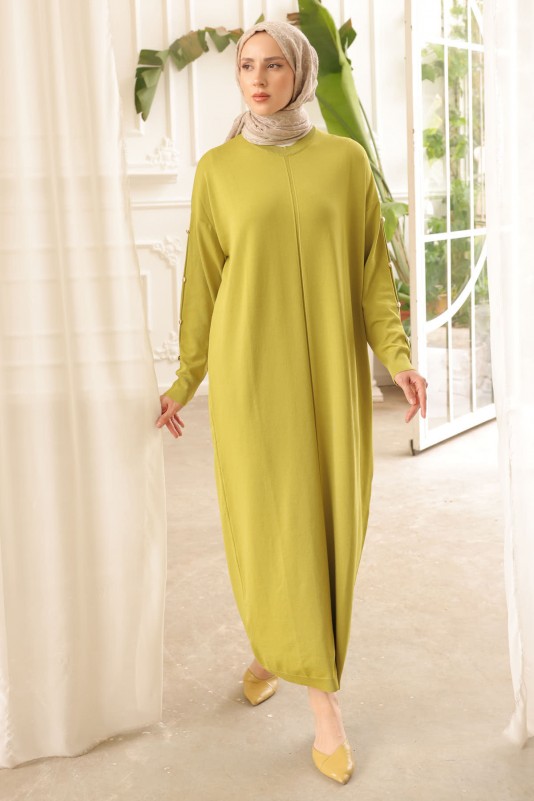 Yağ Yeşili Soğuk İplik Merserize Triko Elbise