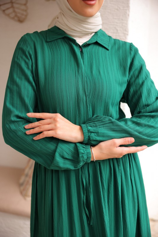 Zümrüt Yeşili Gömlek Yaka Büzgülü Kol Lastikli Elbise