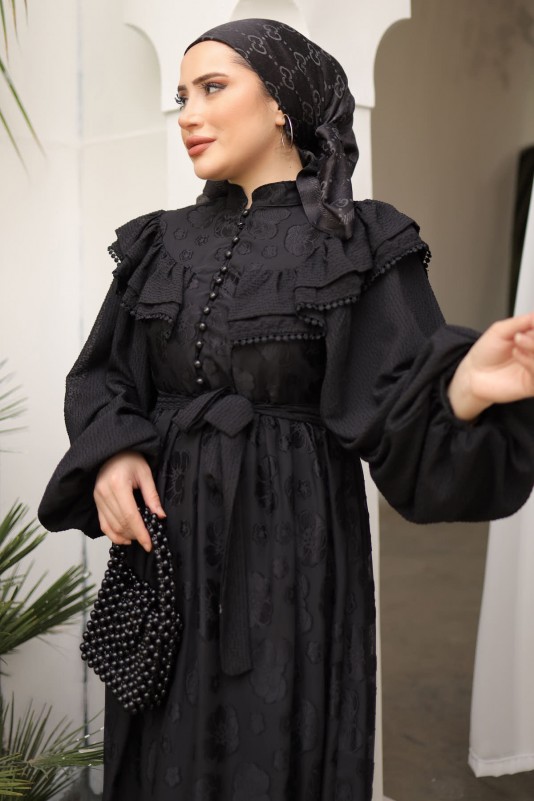 Siyah Balon Kol Yaka Detaylı Şifon Elbise