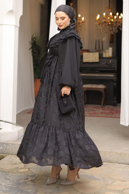 Siyah Balon Kol Yaka Detaylı Şifon Elbise