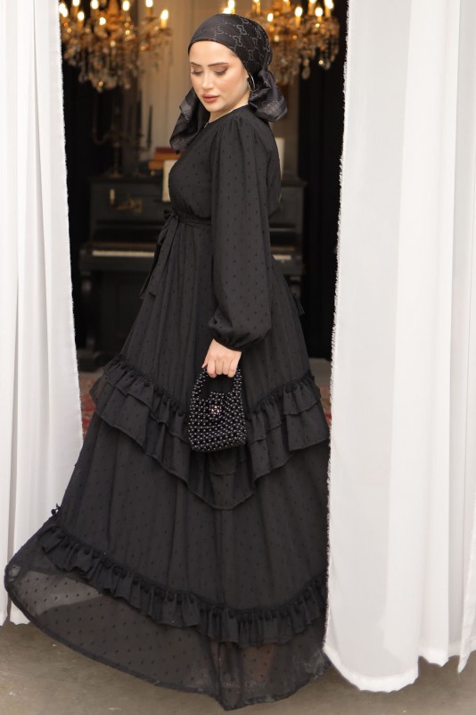 Siyah Ponpon Detaylı Şifon Elbise