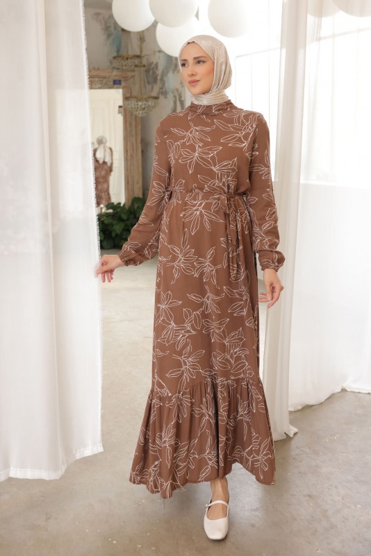 Kahverengi Eteği Katlı Kol Lastikli Desenli Viscon Elbise