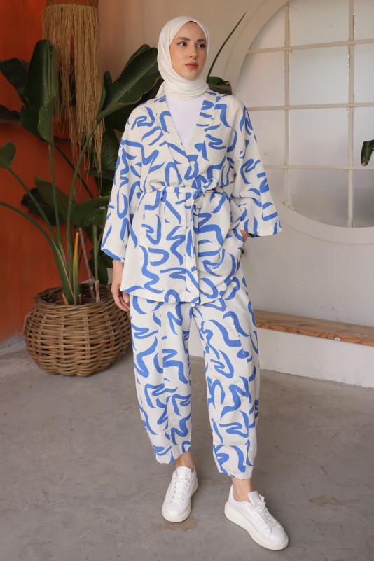 Saks Mavi Kendinden Desenli Kimono Takım