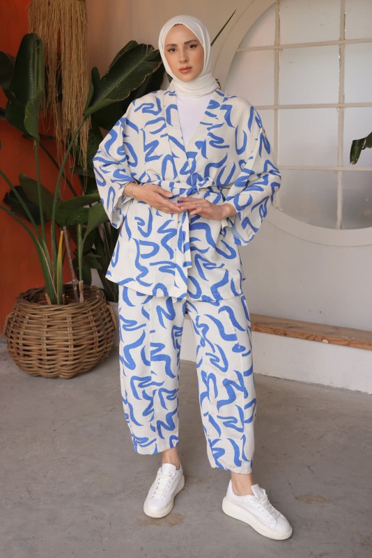 Saks Mavi Kendinden Desenli Kimono Takım
