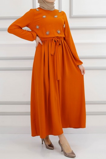 Önü Taşlı Ayrobin Krep Elbise-Kiremit