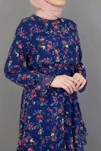 Eteği Asimetrik Fırfırlı Şifon Elbise-Lacivert