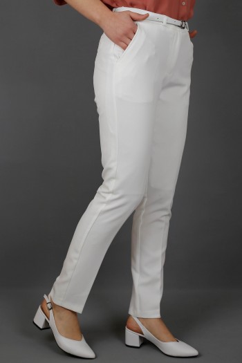 Kemerli Klasik Kalem Kumaş Pantolon-Beyaz