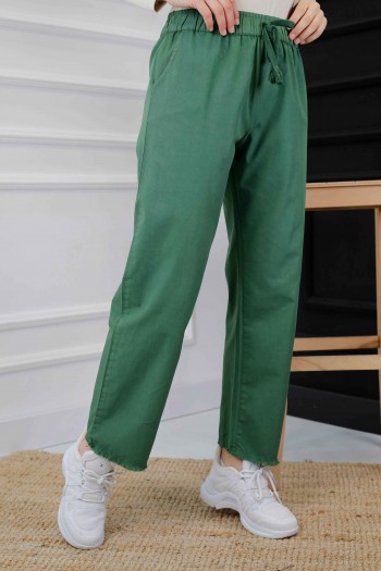 Beli Lastikli Bol Paça Keten Pantolon-Yeşil