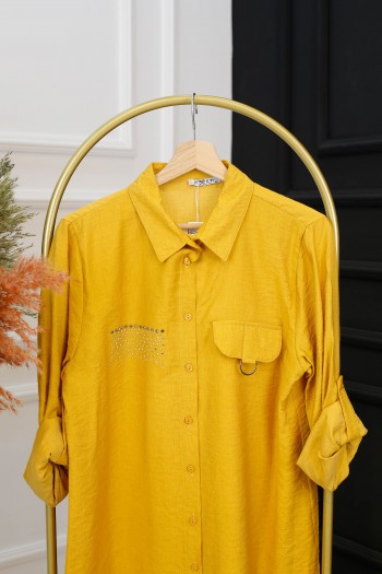 Büyük Beden Ayrobin Keten Gömlek-Sarı