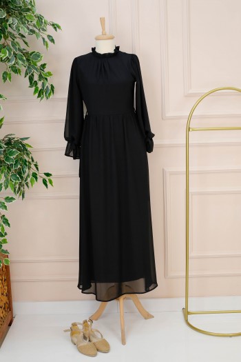 Yakası Fırfır Detaylı Astarlı Şifon Elbise-Siyah