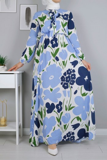 Çiçek Desenli Krep Elbise/Mavi