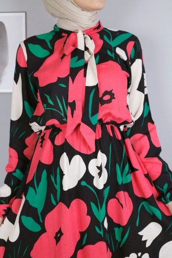 Çiçek Desenli Krep Elbise/Kırmızı