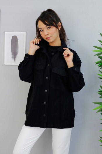 Cep Detaylı Kaşe Ceket Gömlek/Siyah