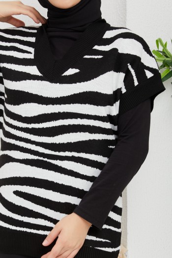 Zebra Desenli Triko Süveter /Siyah