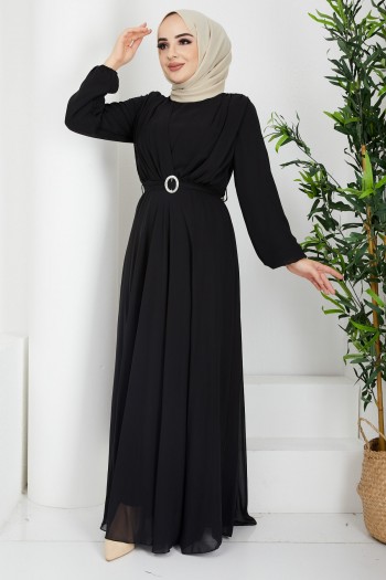 Drapeli Kuşak Detaylı Tesettür Şifon Elbise/Siyah