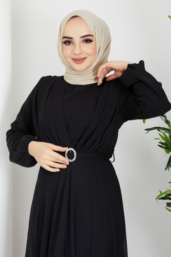 Drapeli Kuşak Detaylı Tesettür Şifon Elbise/Siyah