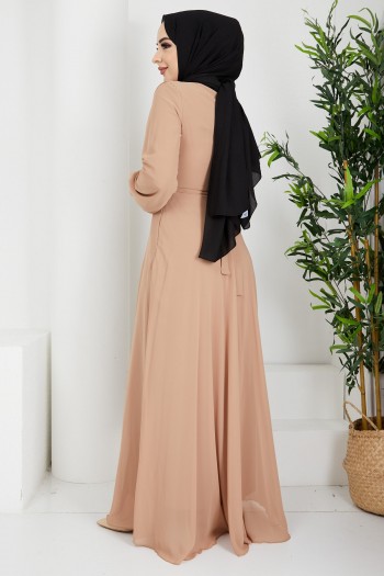 Drapeli Kuşak Detaylı Tesettür Şifon Elbise/Bej