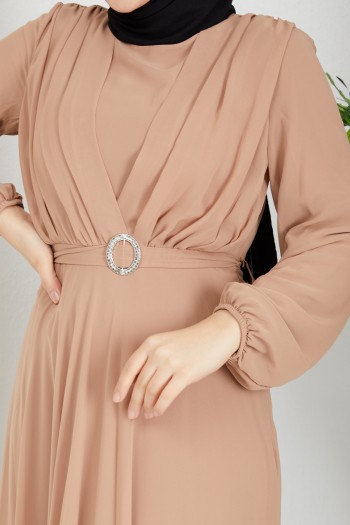 Drapeli Kuşak Detaylı Tesettür Şifon Elbise/Bej