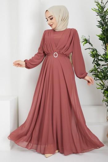 Drapeli Kuşak Detaylı Tesettür Şifon Elbise/Pudra
