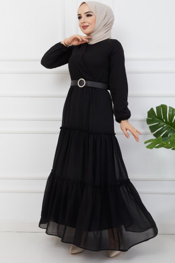 Kemerli V Yaka Kemerli Şifon Elbise/Siyah