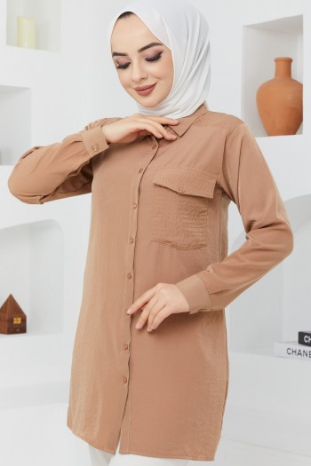 Cepli Gömlek Yaka Tunik/Camel