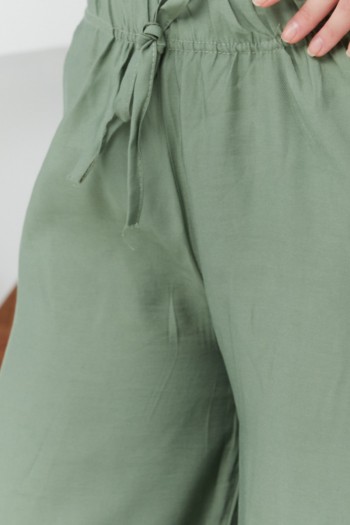 Beli Biyeli Bol Paça Pantolon/Yeşil