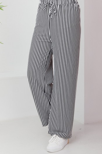 Bol Paça Çizgili Tesettür Pantolon/Siyah-Beyaz