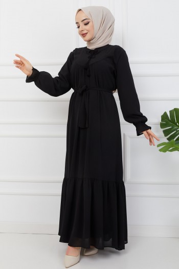 Büyük Beden Şifon Yaka Püsküllü Elbise/Siyah