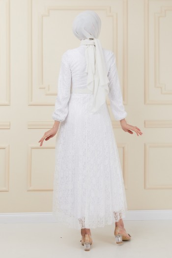 Dantelli Fiyonk Detaylı Tesettür Elbise/Beyaz