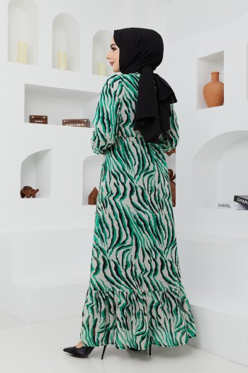 Desenli Tesettür Şifon Elbise/Yeşil