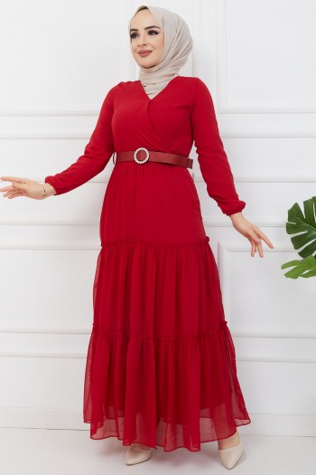 Kemerli V Yaka Şifon Elbise/Kırmızı