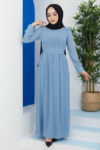Kolyeli Astarlı Tesettür Şifon Elbise/Mavi
