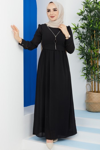 Kolyeli Astarlı Tesettür Şifon Elbise/Siyah