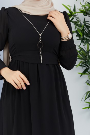 Kolyeli Astarlı Tesettür Şifon Elbise/Siyah