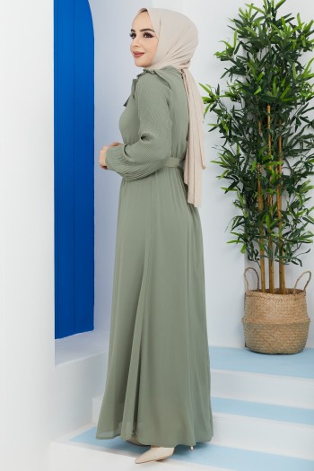 Omuz Fırfır Detaylı Kemerli Tesettür Elbise/Yeşil