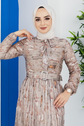 Yaka Kravatlı Tesettür Şifon Elbise/Vizon
