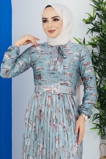 Yaka Kravatlı Tesettür Şifon Elbise/Mint