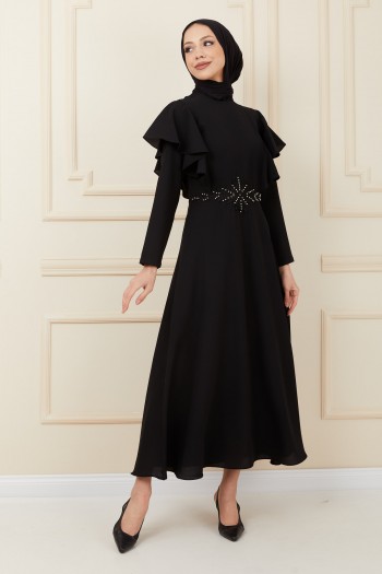 Boncuklu Nakış Detaylı Tesettür Elbise/Siyah