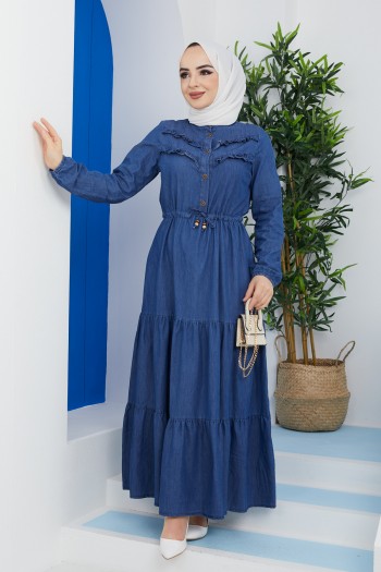 Belden Büzgülü Tesettür Kot Elbise/Koyu Mavi