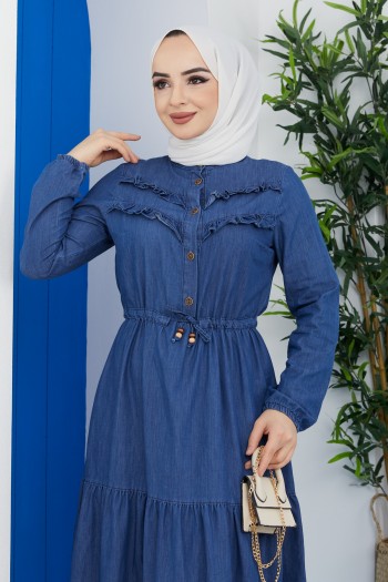 Belden Büzgülü Tesettür Kot Elbise/Koyu Mavi