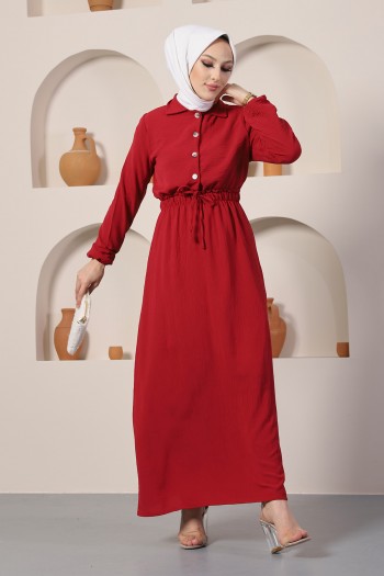 Gömlek Yaka Önden Düğmeli Tesettür Elbise/Kırmızı