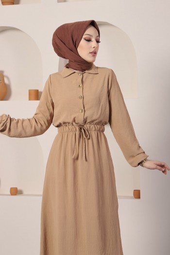 Gömlek Yaka Önden Düğmeli Tesettür Elbise/Camel